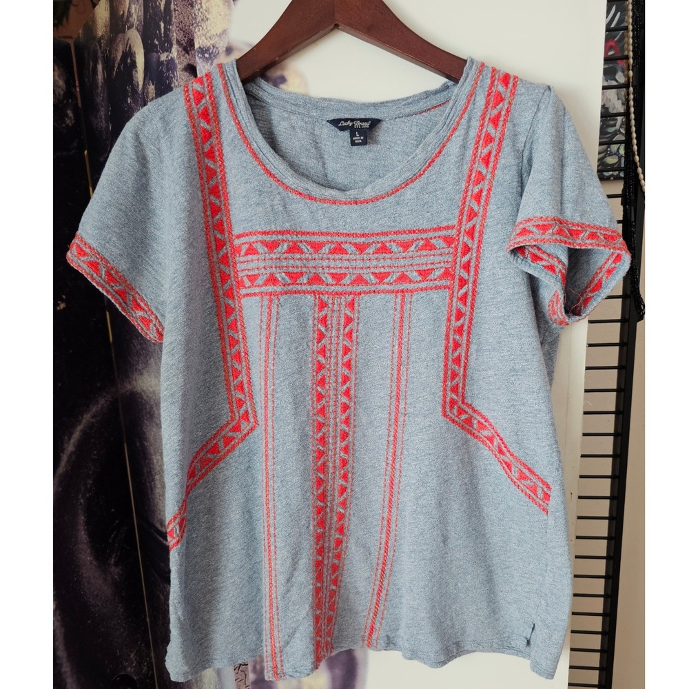 Lucky Brand Womens Blue Gray Red Embroidered Short Sleeve Knit Top Size L